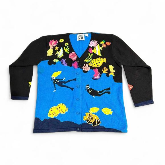 Vintage Storybook Knits Ocean Reef Cardigan Sweater Scuba Divers Coral Fish L - Picture 6 of 6